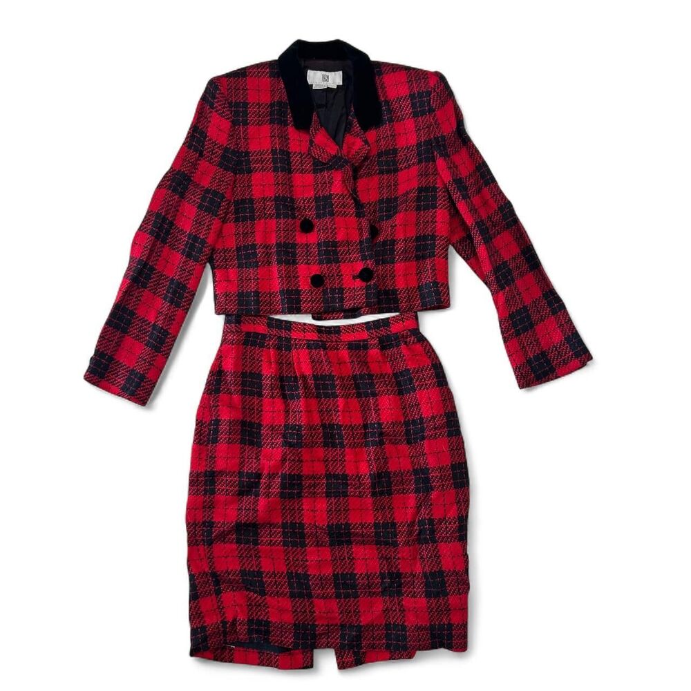 Vintage Illustrations Plaid Skirt Suit Set